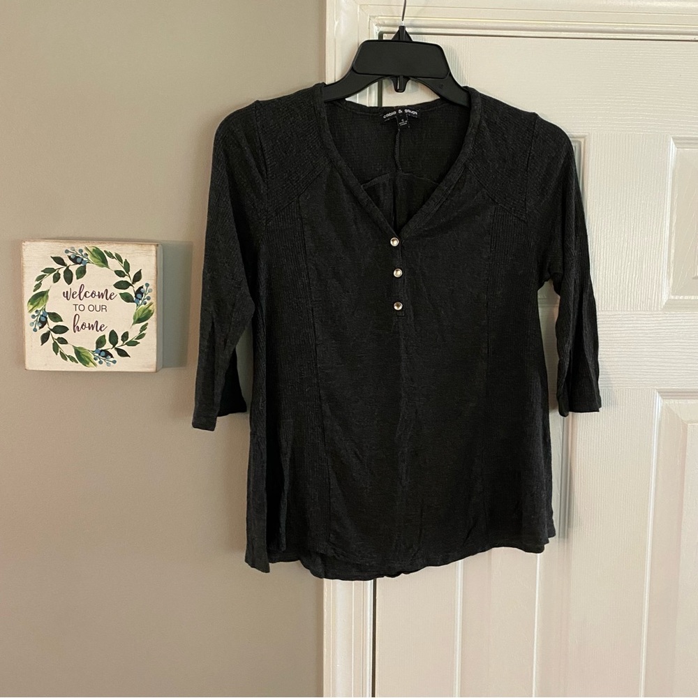 Cable & Gauge Ribbed 3/4 Sleeve Shirt Gray Button Down Womens Small